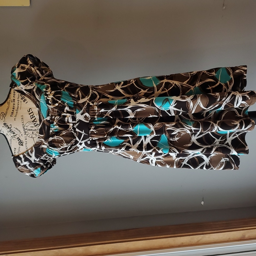 IZ Byer Brown & Teal Cap Sleeve Dress, Medium